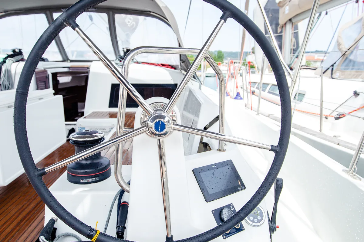 Cockpit of Pnoe, a Jeanneau Sun Odyssey 490 sailboat at Sithonia Municipal Unit, Greece