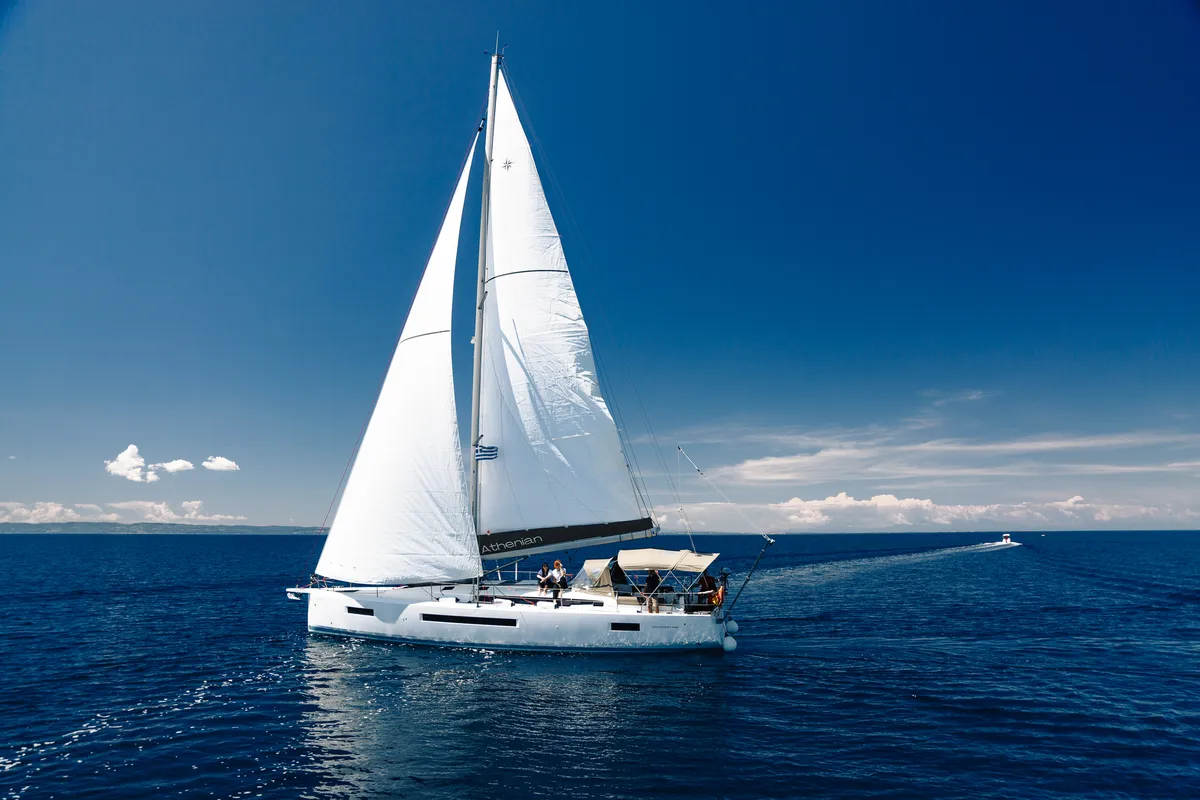 Exterior view of Pnoe, a Jeanneau Sun Odyssey 490 sailboat at Sithonia Municipal Unit, Greece