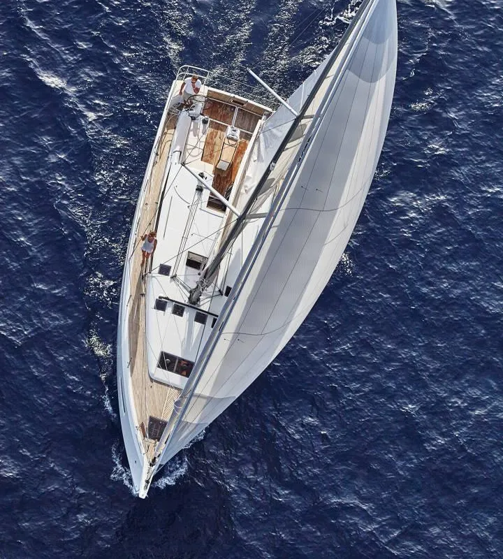 Exterior view of Pnoe, a Jeanneau Sun Odyssey 490 sailboat at Sithonia Municipal Unit, Greece