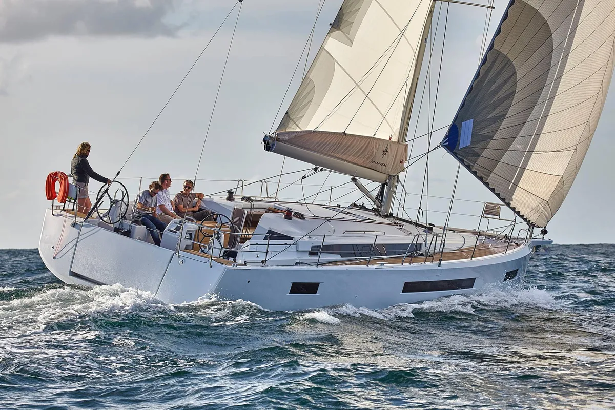 Exterior view of Pnoe, a Jeanneau Sun Odyssey 490 sailboat at Sithonia Municipal Unit, Greece