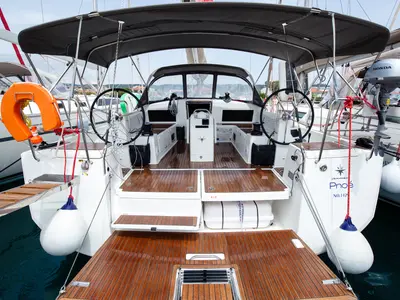 Cockpit of Pnoe, a Jeanneau Sun Odyssey 490 sailboat at Sithonia Municipal Unit, Greece