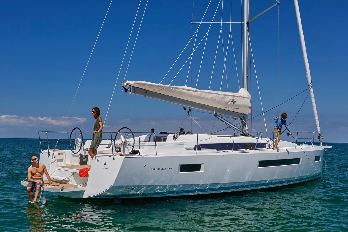 Exterior view of Pnoe, a Jeanneau Sun Odyssey 490 sailboat at Sithonia Municipal Unit, Greece