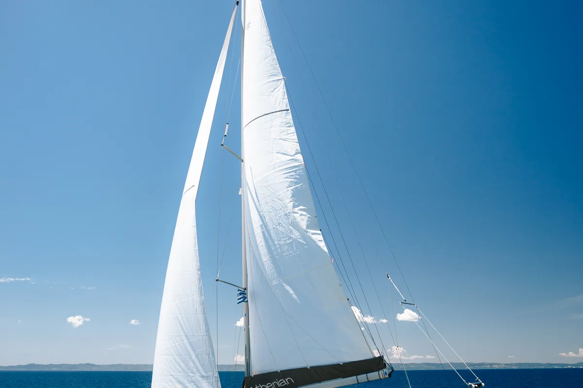 Exterior view of Pnoe, a Jeanneau Sun Odyssey 490 sailboat at Sithonia Municipal Unit, Greece