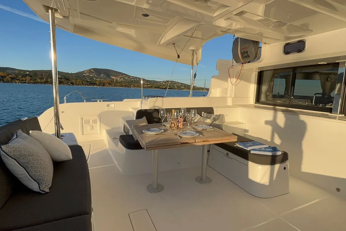 Deck of M & M, a Lagoon 46 catamaran at Grimaud, France