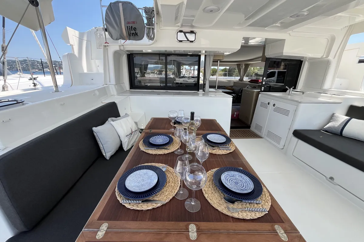 Deck of M & M, a Lagoon 46 catamaran at Grimaud, France