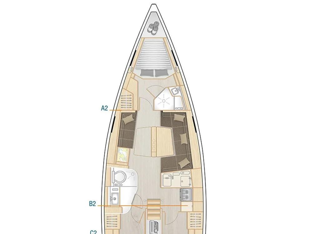 Floor plan of Aloisia, a Hanse 418 sailboat at Lavrion, Greece