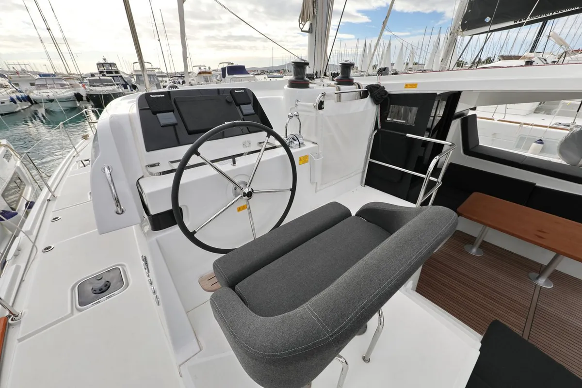 Cockpit of Sperm Whale, a Lagoon 42 catamaran at Sukošan, Croatia