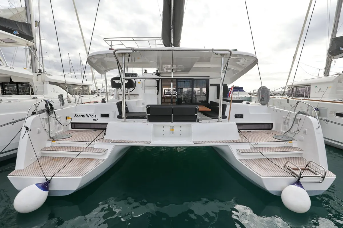 Exterior view of Sperm Whale, a Lagoon 42 catamaran at Sukošan, Croatia