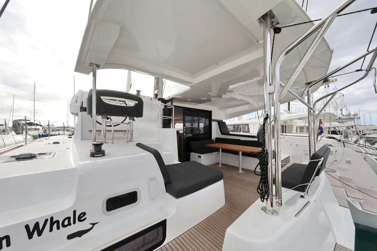 Cockpit of Sperm Whale, a Lagoon 42 catamaran at Sukošan, Croatia