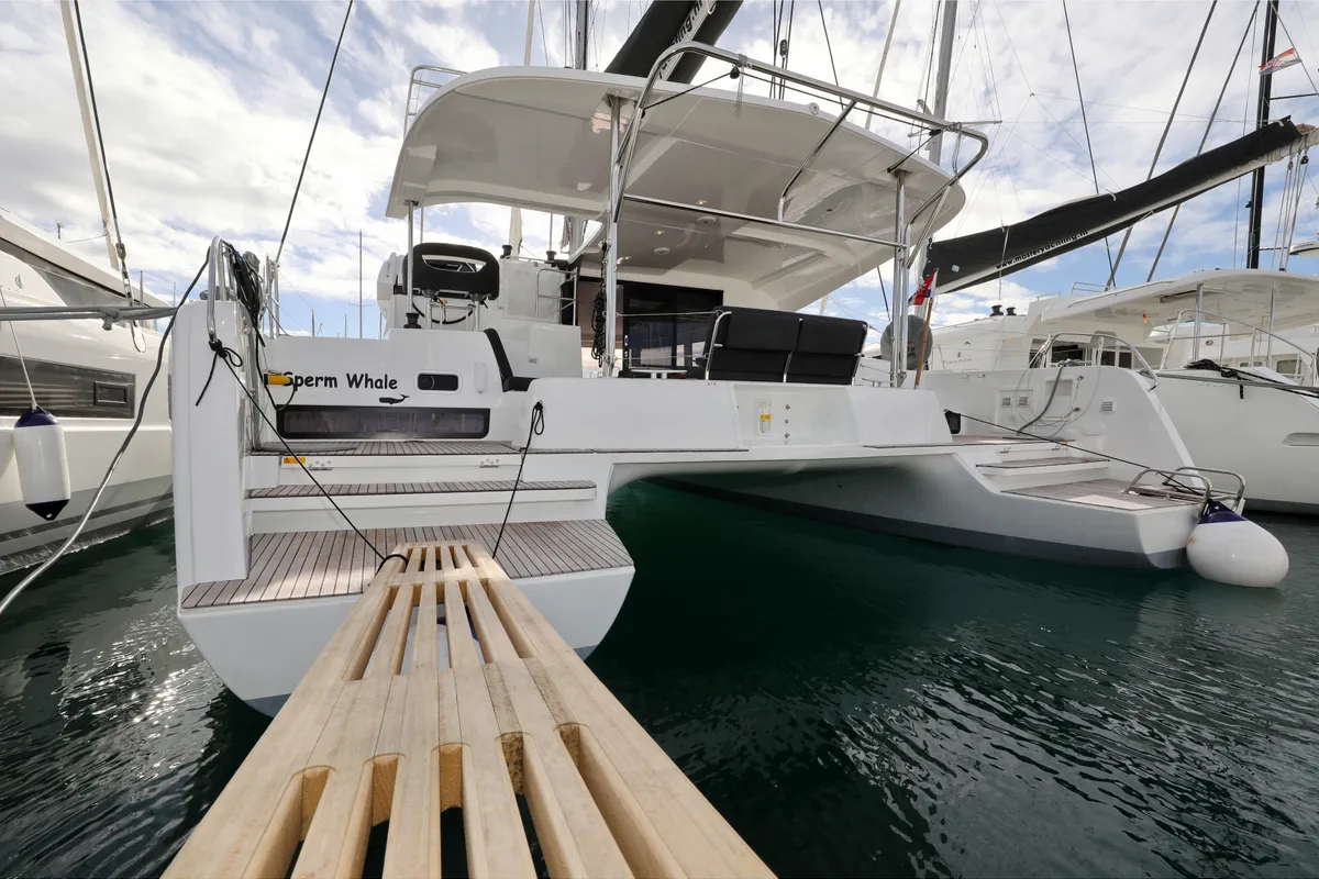 Exterior view of Sperm Whale, a Lagoon 42 catamaran at Sukošan, Croatia