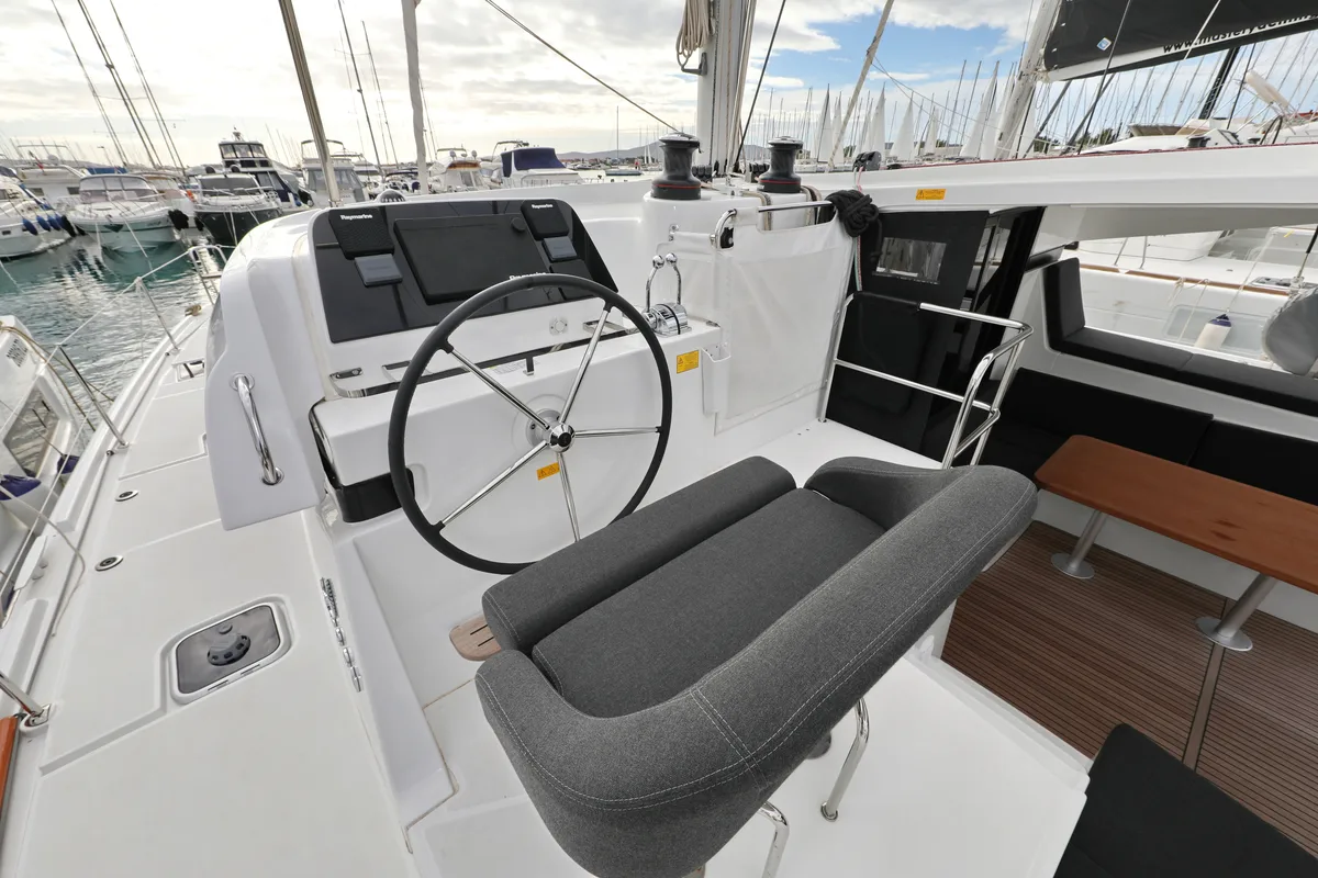 Cockpit of Sperm Whale, a Lagoon 42 catamaran at Sukošan, Croatia