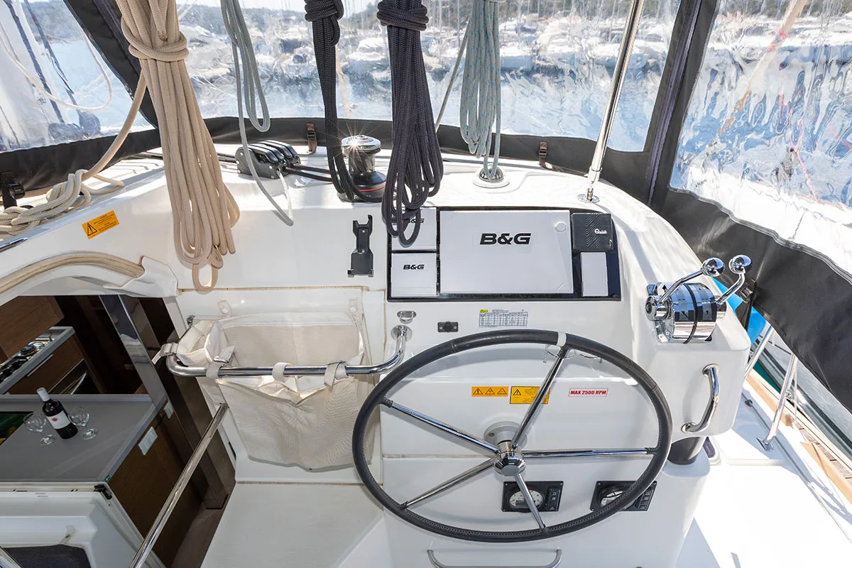 Cockpit of Monarch 2020, a Lagoon 40 catamaran at Primošten, Croatia