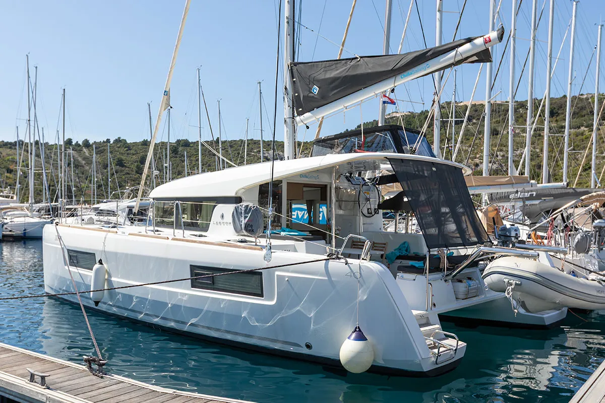 Exterior view of Monarch 2020, a Lagoon 40 catamaran at Primošten, Croatia
