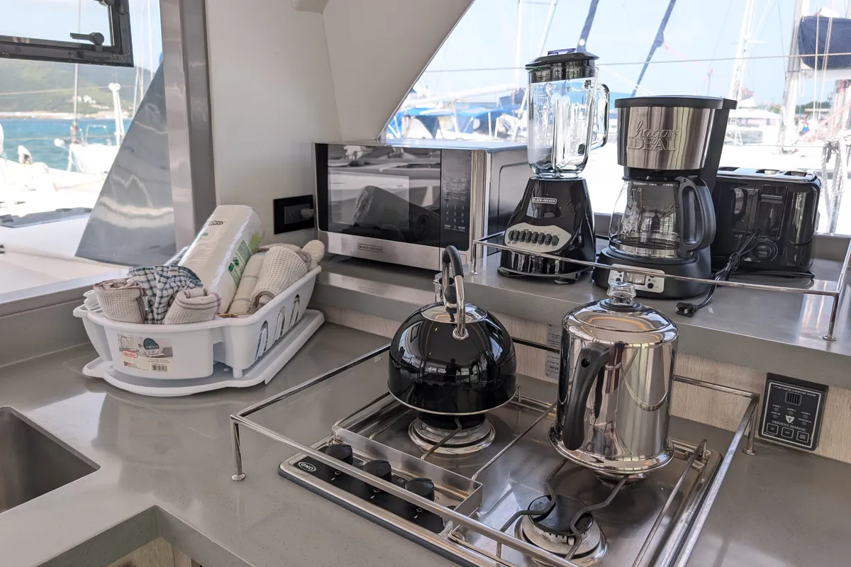 Galley of Salty Kiss, a Leopard 45 catamaran at Road Town, British Virgin Islands