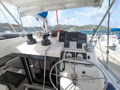 Cockpit of Salty Kiss, a Leopard 45 catamaran at Road Town, British Virgin Islands
