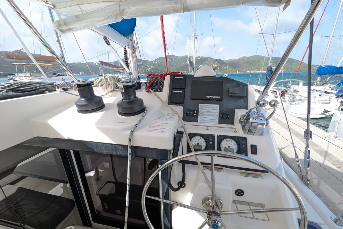 Cockpit of Salty Kiss, a Leopard 45 catamaran at Road Town, British Virgin Islands