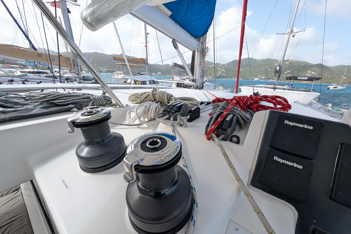 Deck of Salty Kiss, a Leopard 45 catamaran at Road Town, British Virgin Islands