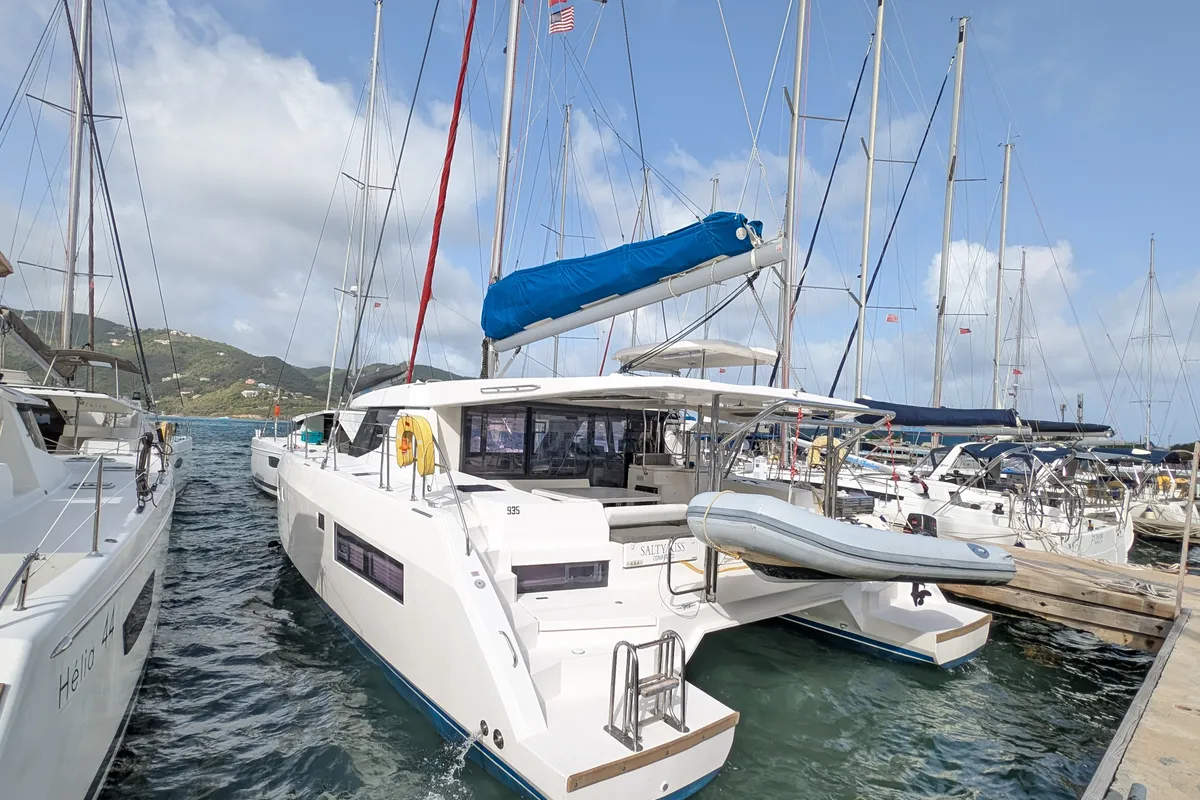 Exterior view of Salty Kiss, a Leopard 45 catamaran at Road Town, British Virgin Islands
