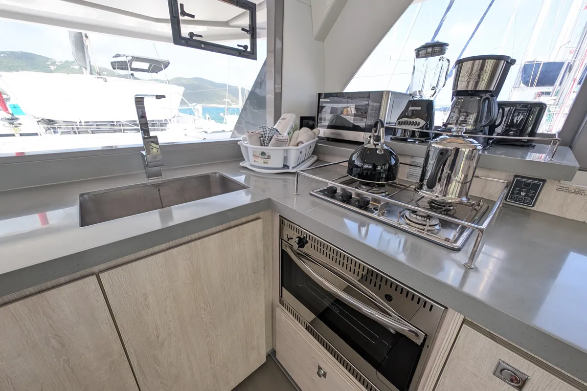 Galley of Salty Kiss, a Leopard 45 catamaran at Road Town, British Virgin Islands