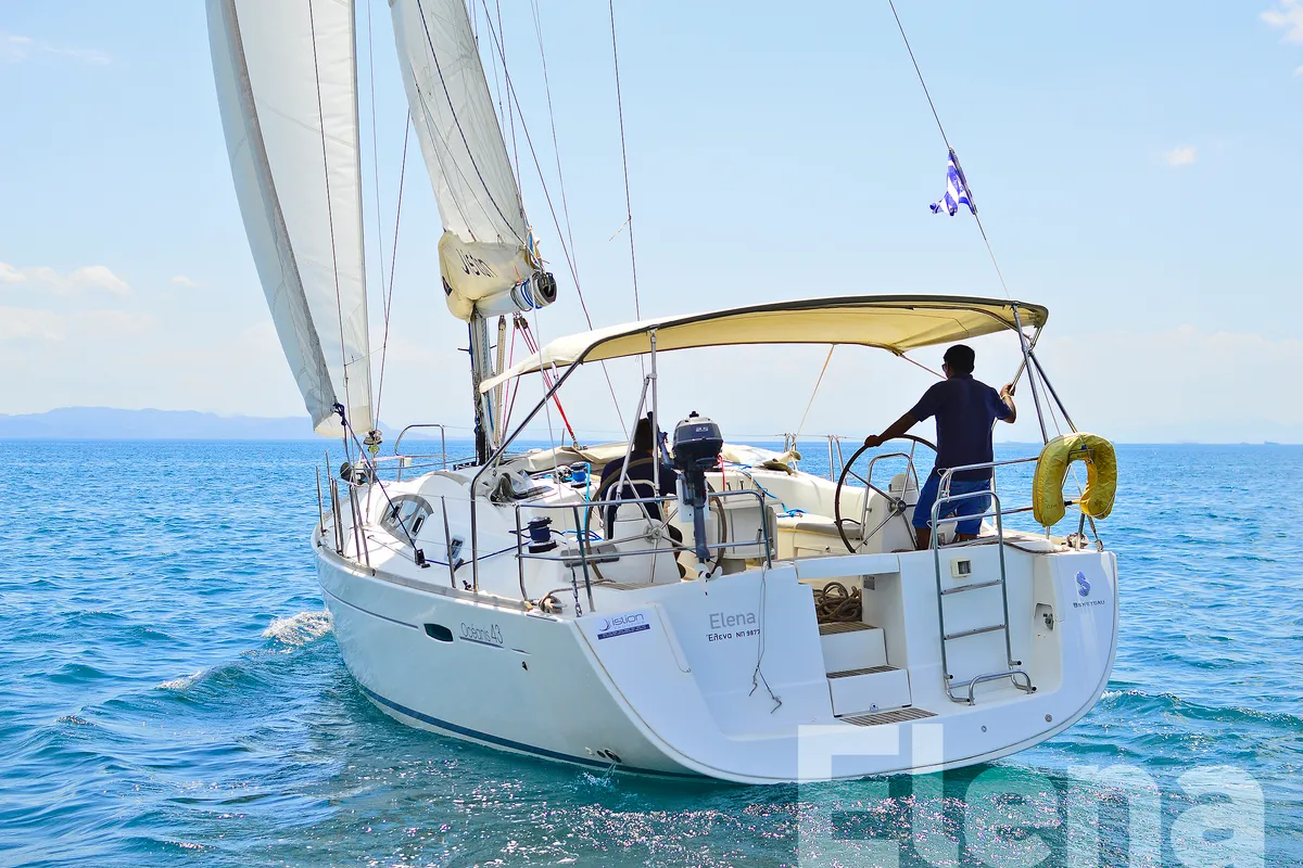 Exterior view of Elena, a Beneteau Oceanis 43 sailboat at Athens, Greece