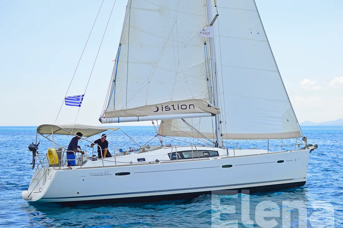 Exterior view of Elena, a Beneteau Oceanis 43 sailboat at Athens, Greece