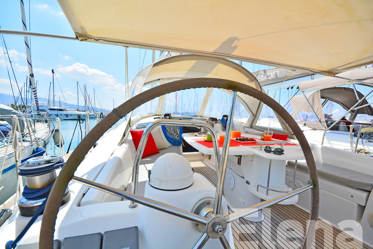 Cockpit of Elena, a Beneteau Oceanis 43 sailboat at Athens, Greece