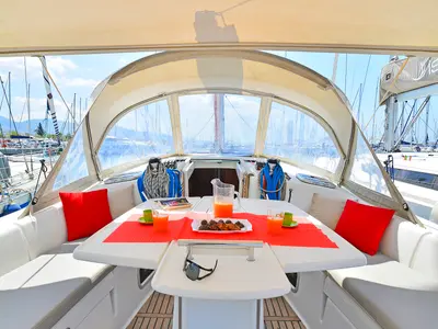 Deck of Elena, a Beneteau Oceanis 43 sailboat at Athens, Greece