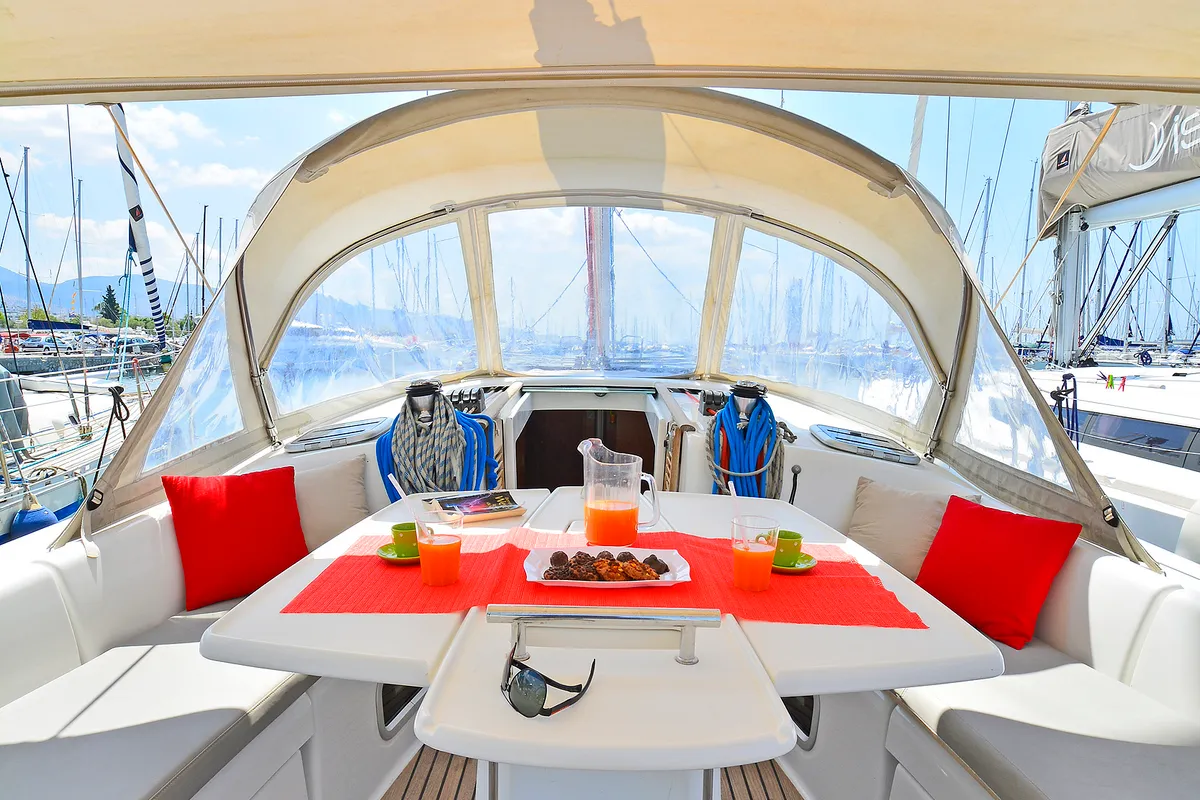 Deck of Elena, a Beneteau Oceanis 43 sailboat at Athens, Greece