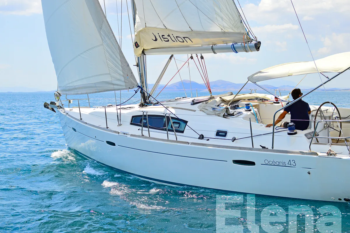 Exterior view of Elena, a Beneteau Oceanis 43 sailboat at Athens, Greece