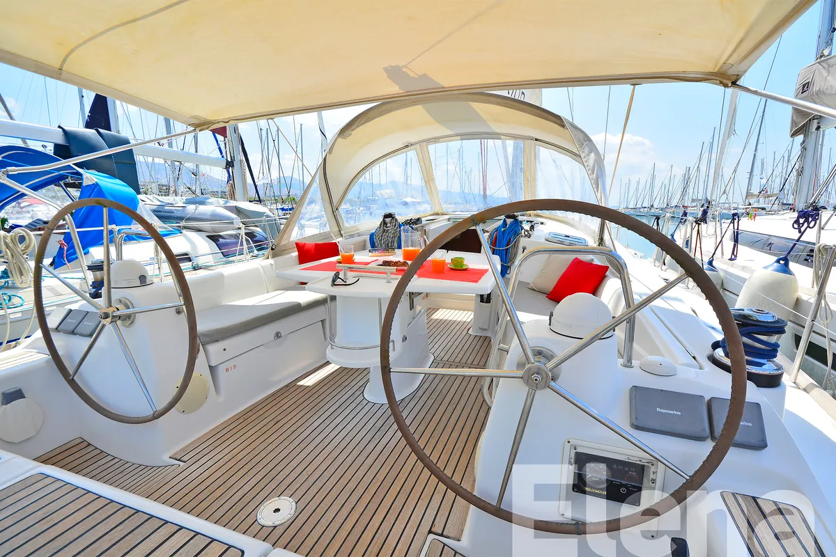 Cockpit of Elena, a Beneteau Oceanis 43 sailboat at Athens, Greece