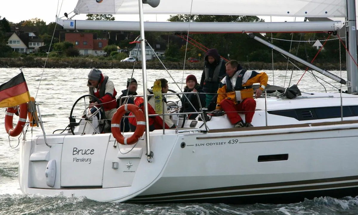 Exterior view of Bruce, a Jeanneau Sun Odyssey 439 sailboat at Heiligenhafen, Germany