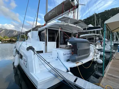 Cockpit of Sail Spazio, a Bali 4.2 catamaran at Marmaris, Turkey