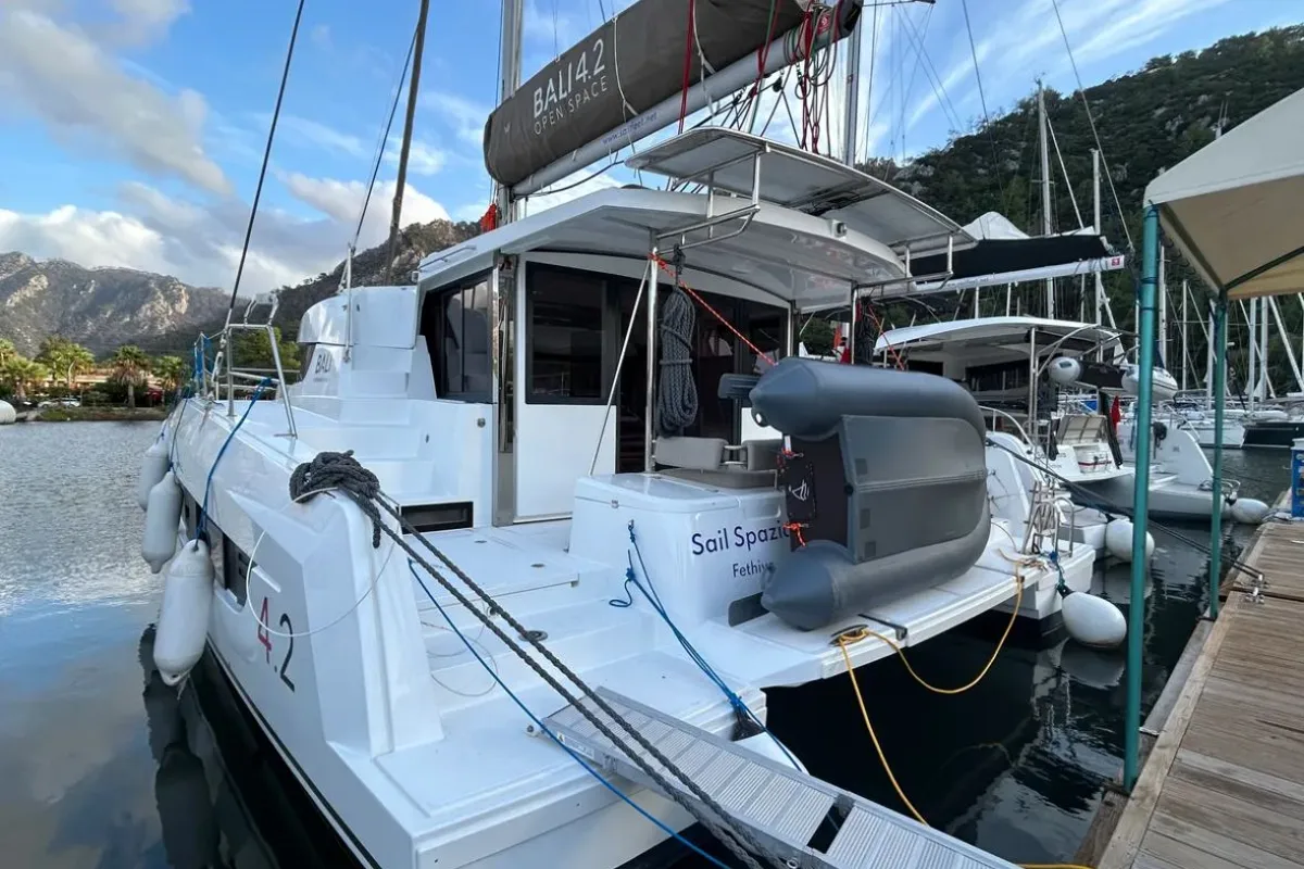 Cockpit of Sail Spazio, a Bali 4.2 catamaran at Marmaris, Turkey