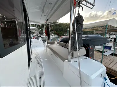 Deck of Sail Spazio, a Bali 4.2 catamaran at Marmaris, Turkey