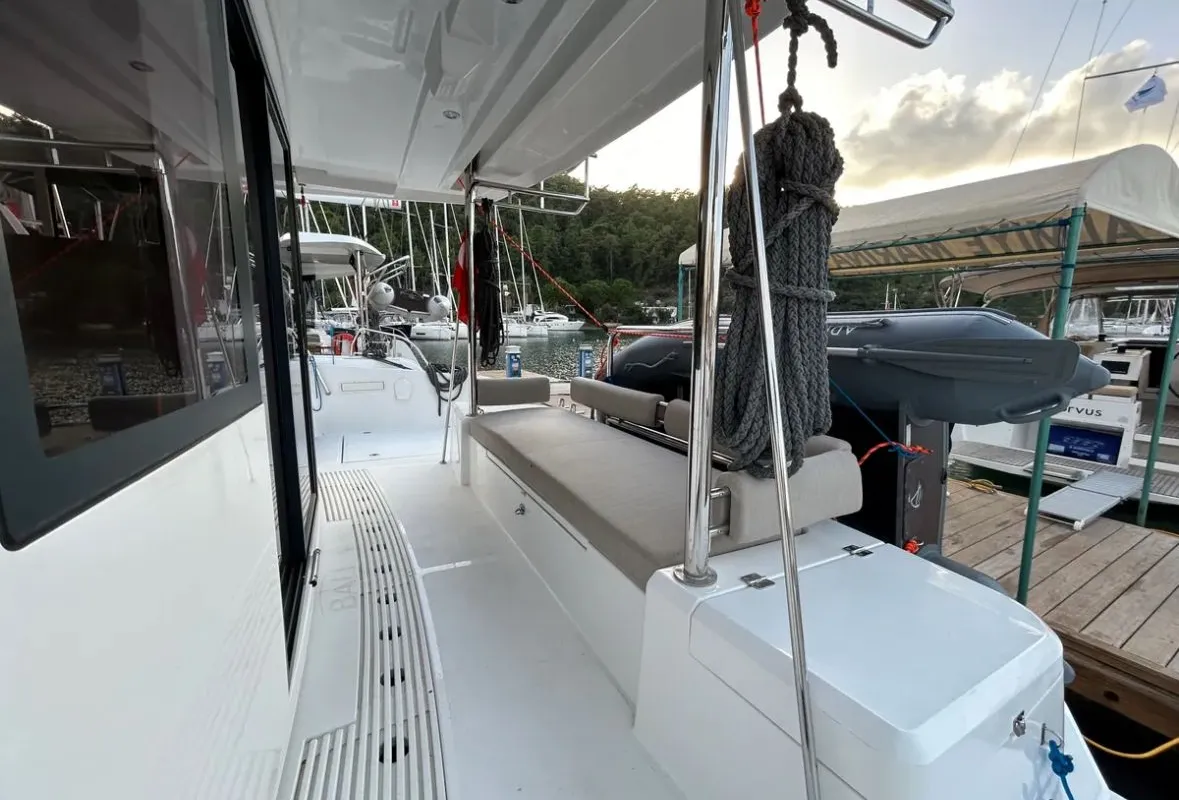 Deck of Sail Spazio, a Bali 4.2 catamaran at Marmaris, Turkey