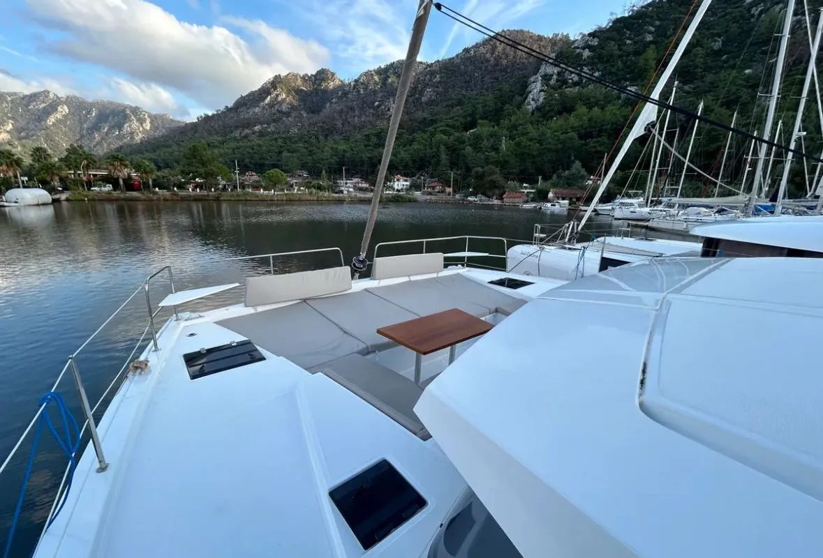 Deck of Sail Spazio, a Bali 4.2 catamaran at Marmaris, Turkey