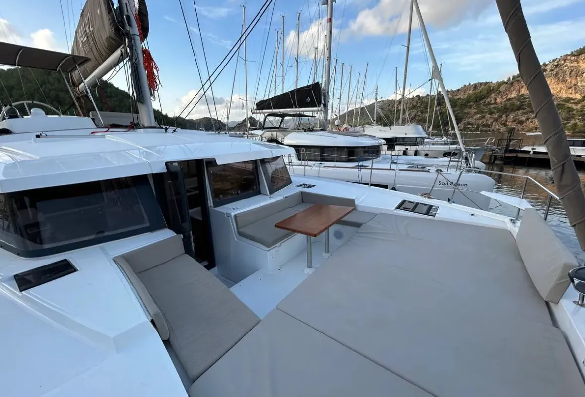 Deck of Sail Spazio, a Bali 4.2 catamaran at Marmaris, Turkey