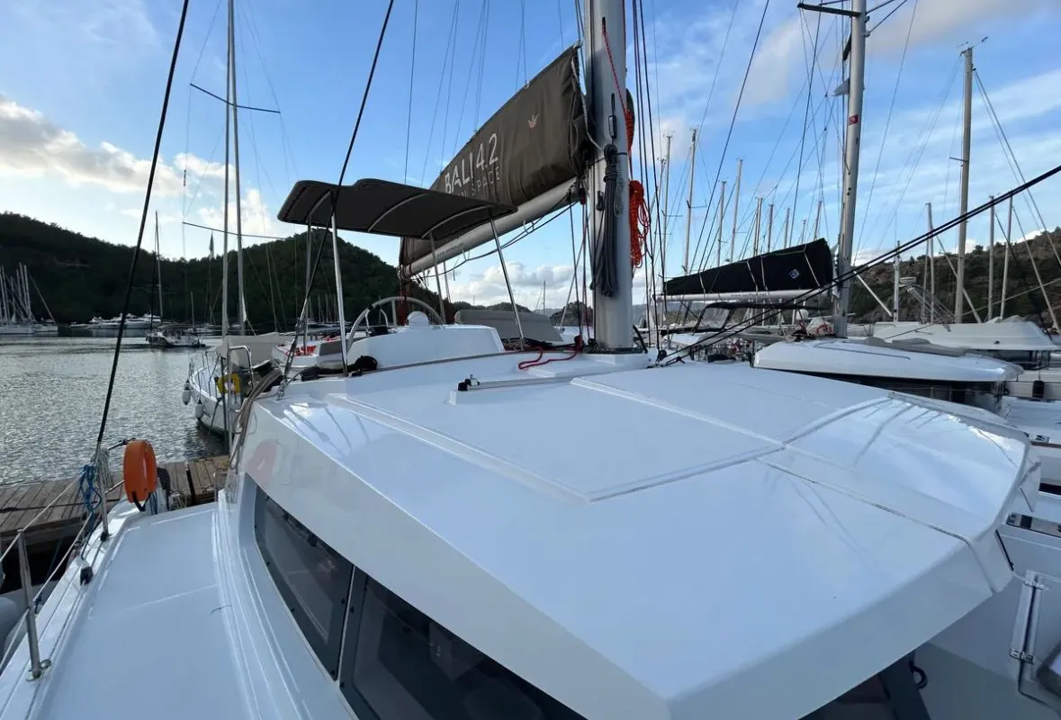 Cockpit of Sail Spazio, a Bali 4.2 catamaran at Marmaris, Turkey