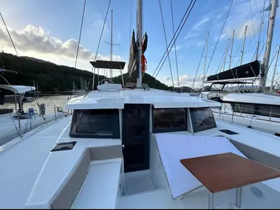 Deck of Sail Spazio, a Bali 4.2 catamaran at Fethiye, Turkey