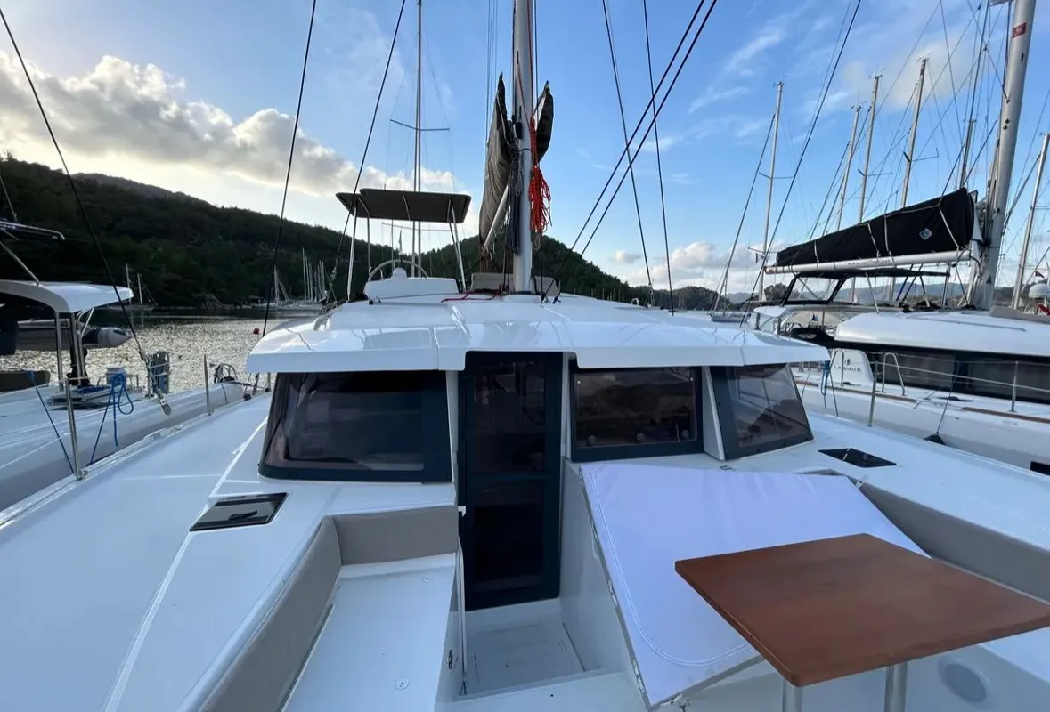 Deck of Sail Spazio, a Bali 4.2 catamaran at Marmaris, Turkey