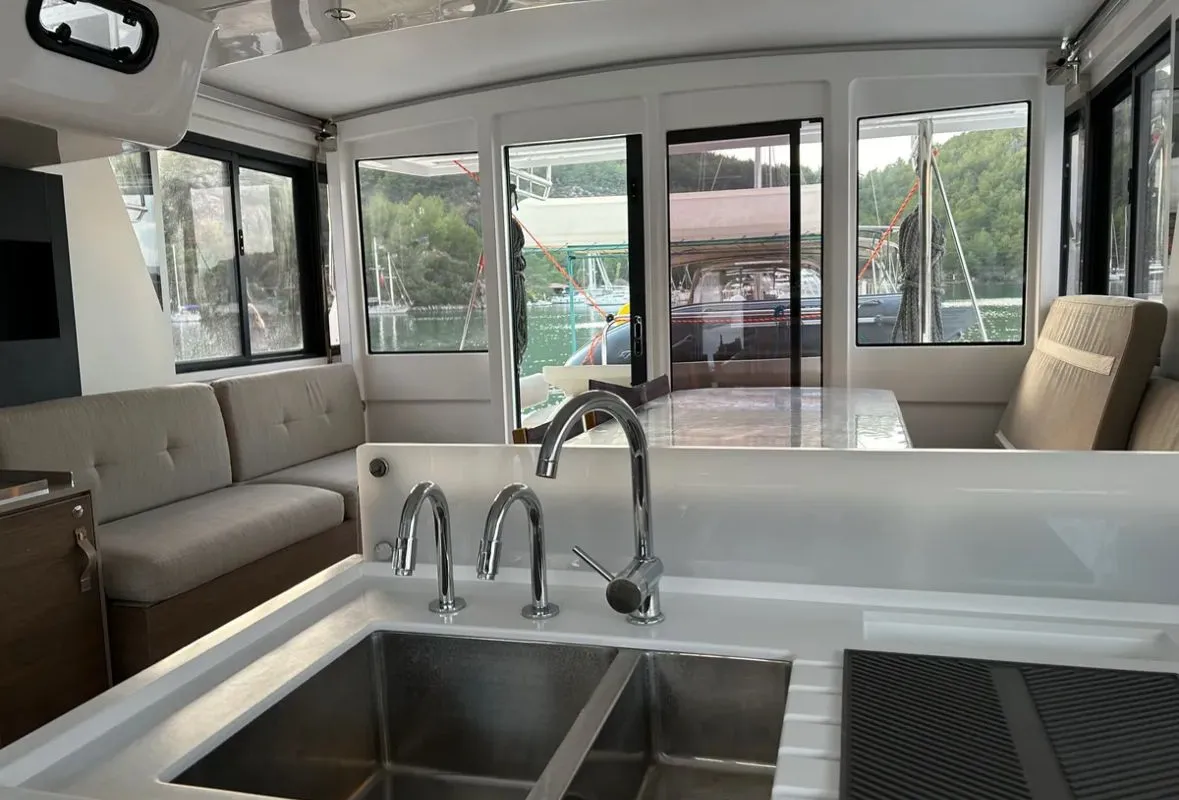 Cockpit of Sail Spazio, a Bali 4.2 catamaran at Marmaris, Turkey