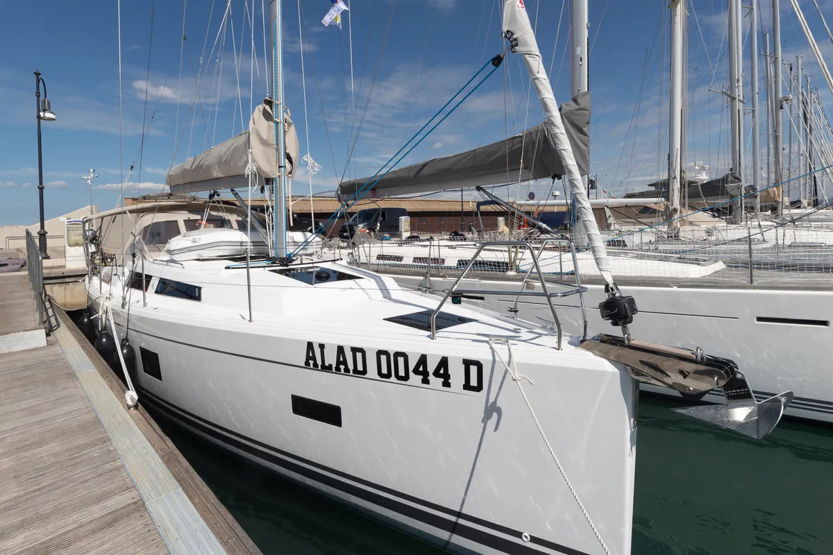 Exterior view of Tecla - Water maker, Solar Panel - BOTH SAILS triradial, Retractabile Bow Trust, a Hanse 388 sailboat at Ca…