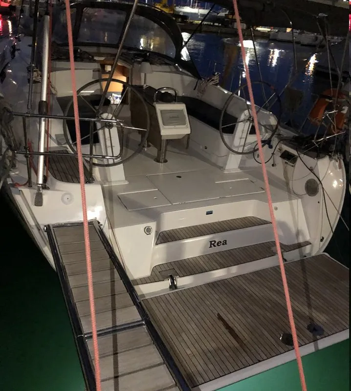 Exterior view of Rea, a Bavaria Cruiser 46 sailboat at Municipal Unit of Lefkada, Greece