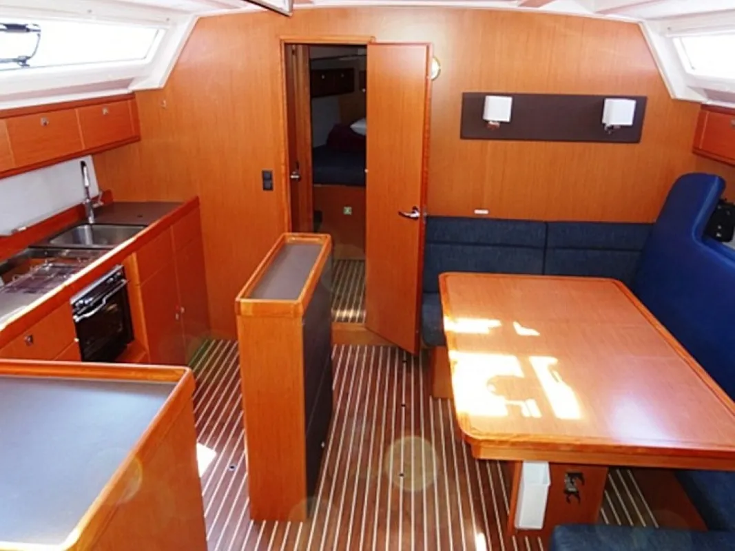 Exterior view of Rea, a Bavaria Cruiser 46 sailboat at Municipal Unit of Lefkada, Greece