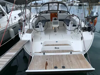 Cockpit of Rea, a Bavaria Cruiser 46 sailboat at Municipal Unit of Lefkada, Greece