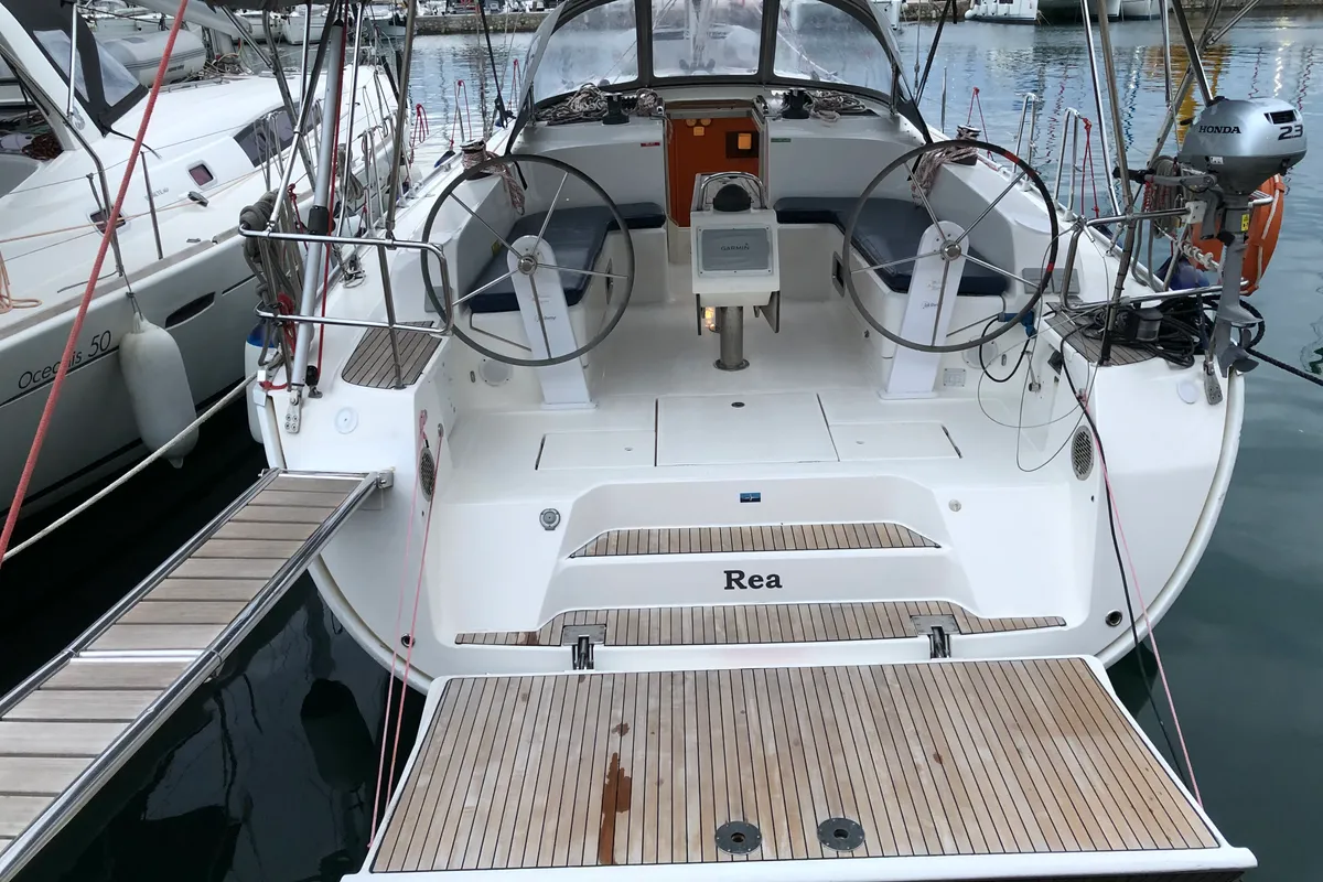 Cockpit of Rea, a Bavaria Cruiser 46 sailboat at Municipal Unit of Lefkada, Greece