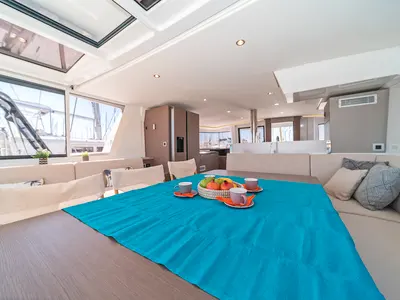 Salon of About Time, a Bali 4.8 catamaran at Athens, Greece