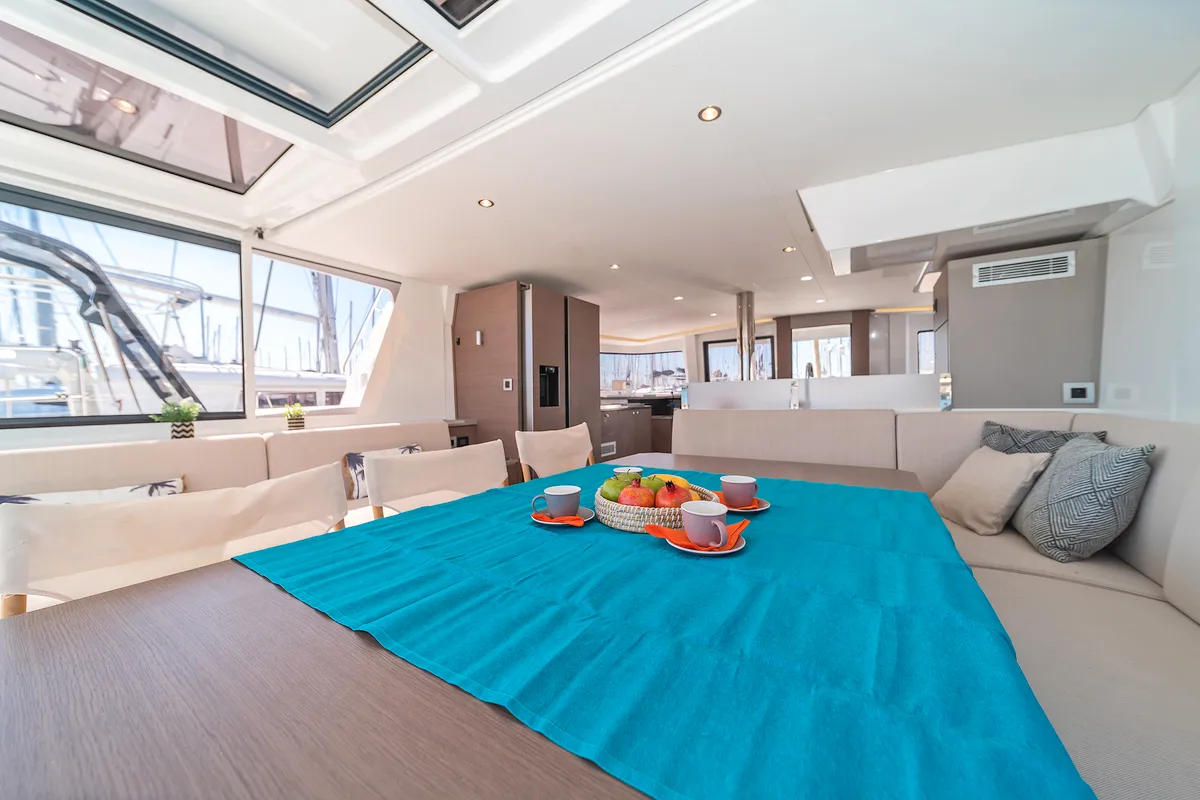 Salon of About Time, a Bali 4.8 catamaran at Athens, Greece
