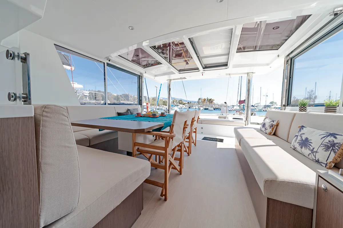 Salon of About Time, a Bali 4.8 catamaran at Athens, Greece