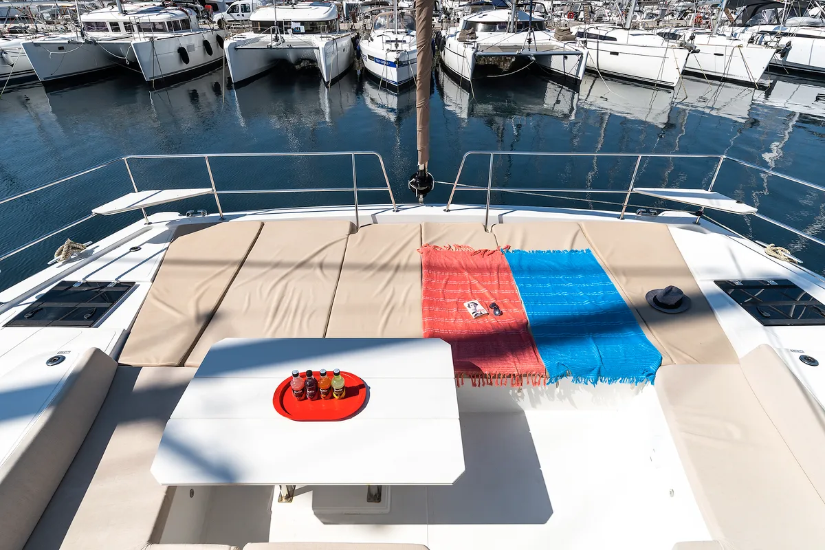 Deck of About Time, a Bali 4.8 catamaran at Athens, Greece